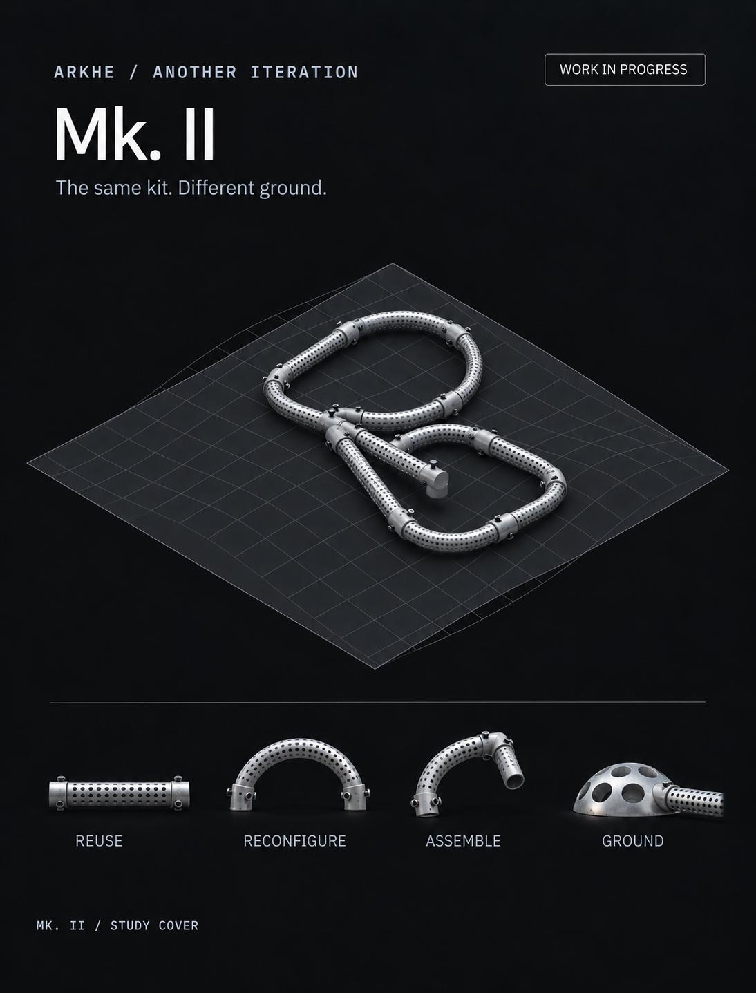 ARKHE Mk. II: photorealistic study poster with perforated metal tubes, couplers and ground anchor